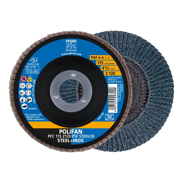 Pferd 4-1/2" x 7/8" A.H. POLIFAN Flap Disc - Z PSF STEELOX, Zirconia, 120 Grit, Conical 62055 - main